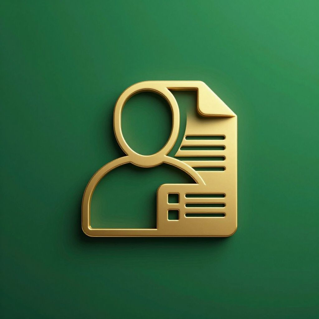 Gold icon of a person with a document, set against a green background.
