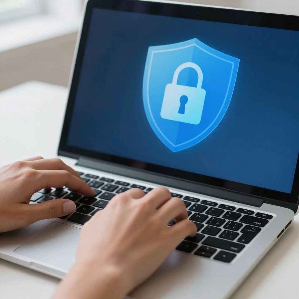 Person typing on a laptop with a blue shield and lock icon on the screen, representing online security.