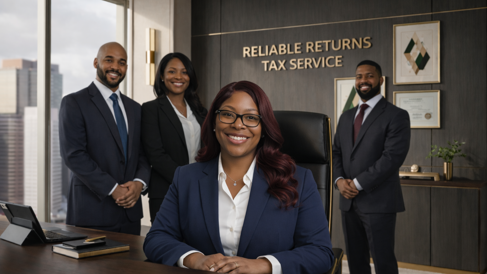 Four people in business attire in an office, smiling. 