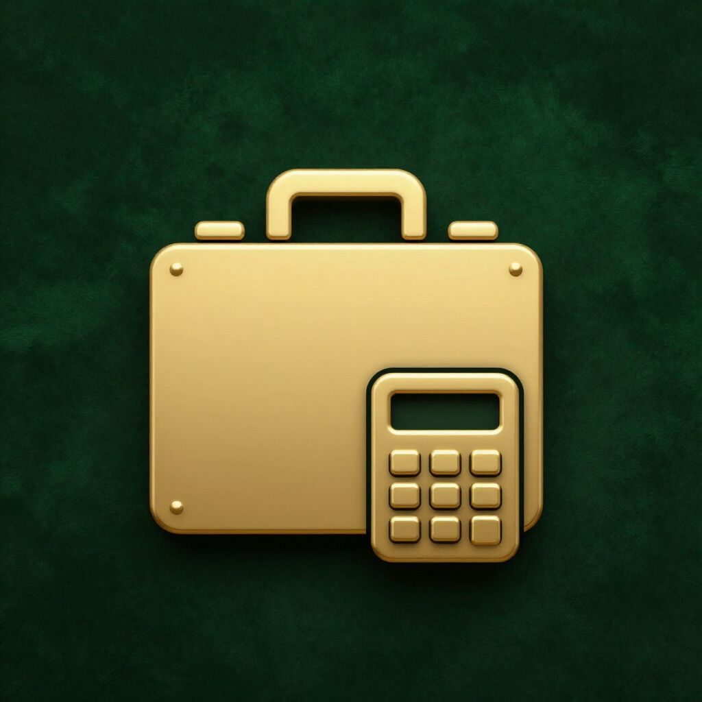 Gold briefcase and calculator icon on a dark green background.