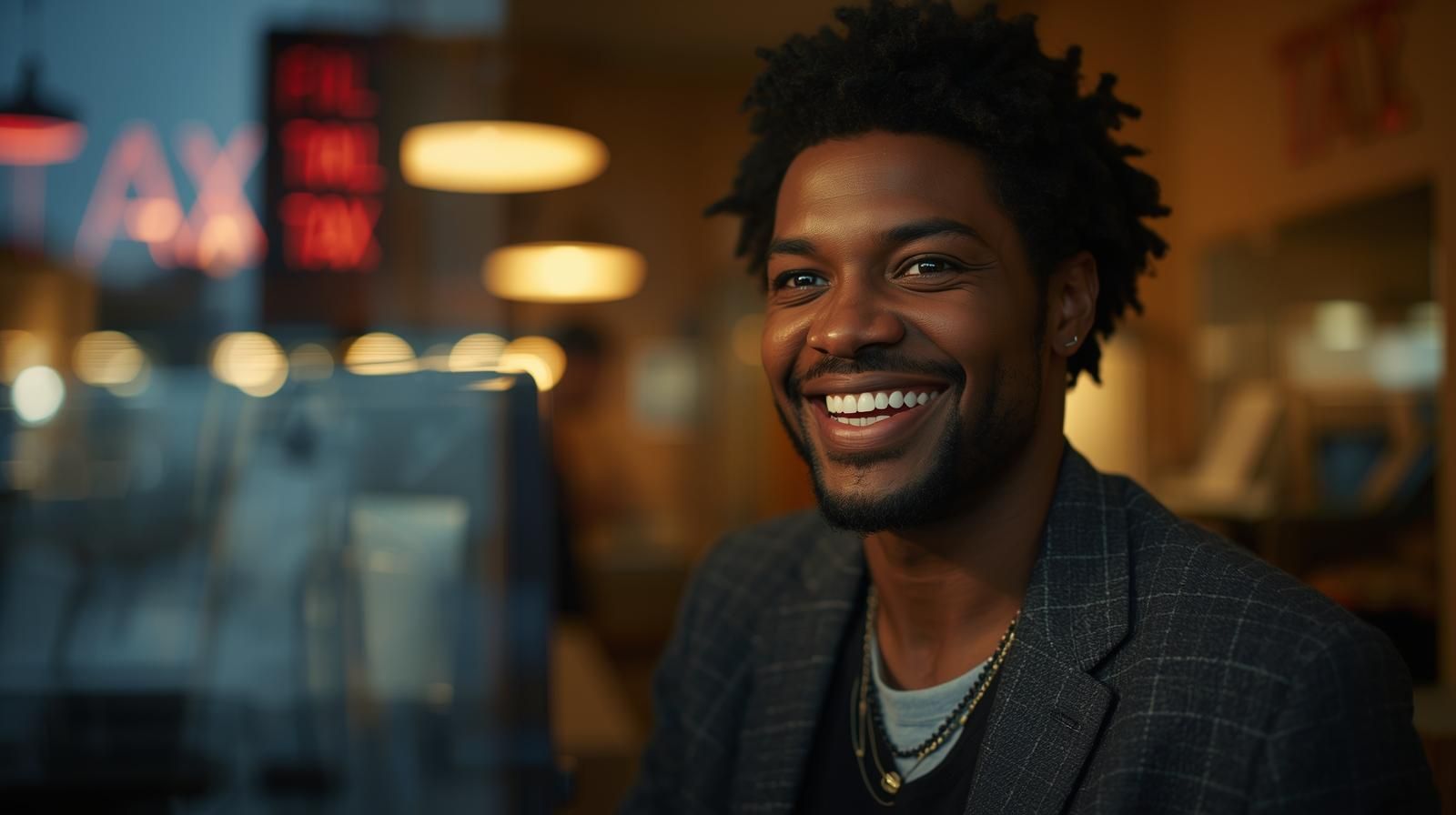 Man smiling, looking toward the viewer; inside a business with a 
