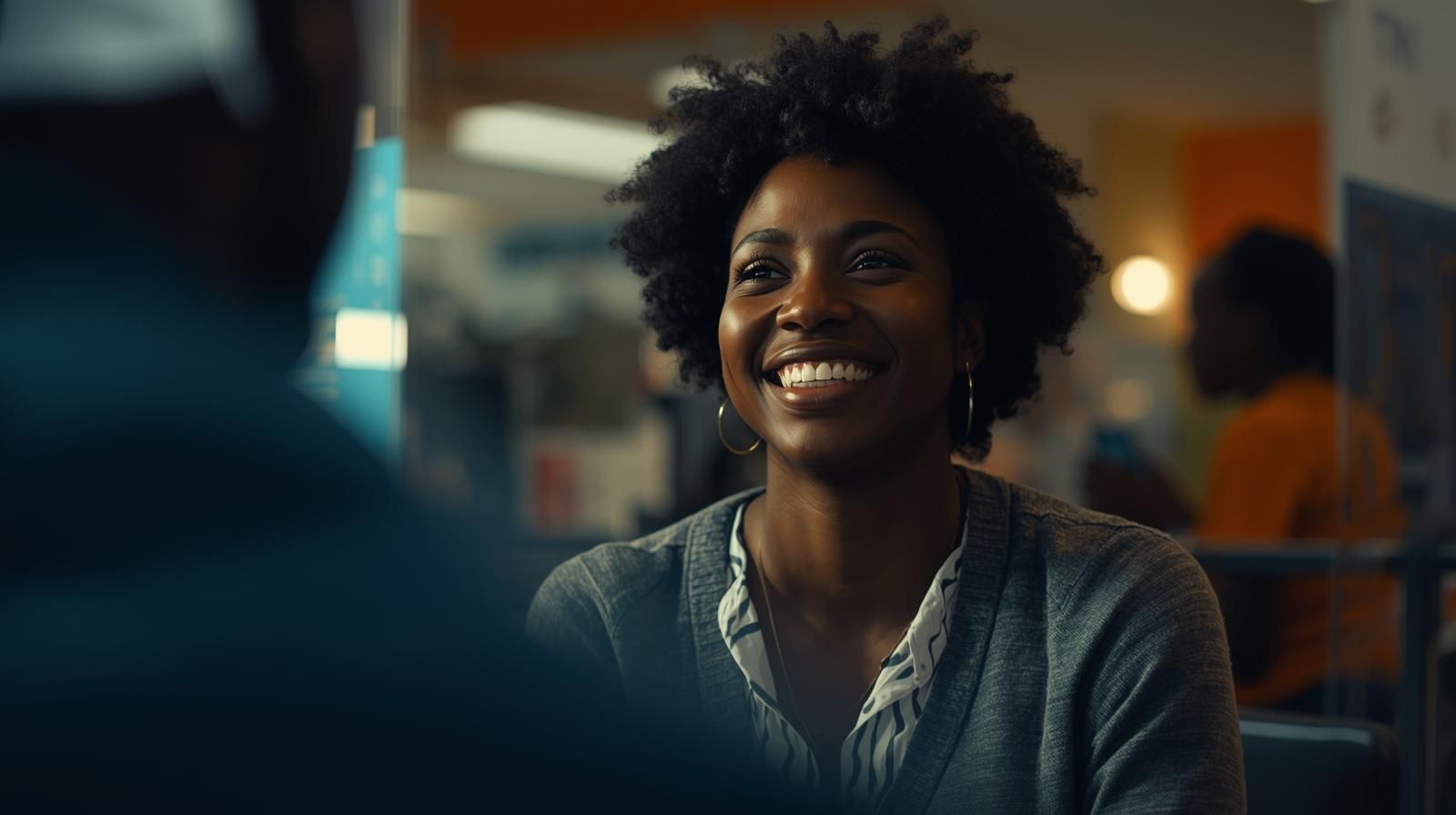 Woman smiling, looking at someone off-screen. She's wearing a gray sweater, and has dark hair. Background includes blurred setting with colors.