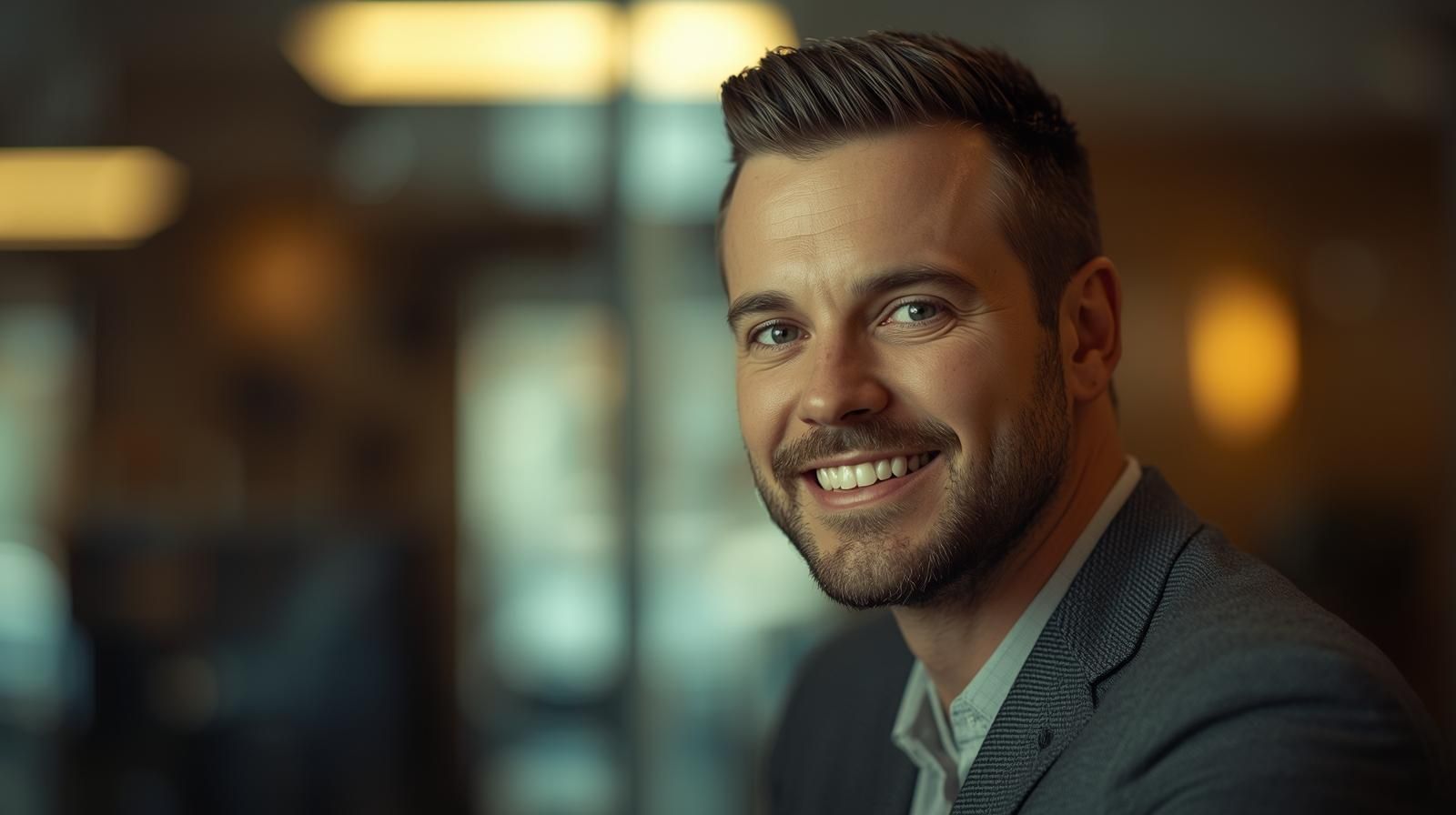 Man in a gray blazer smiles broadly, indoors with blurred background.