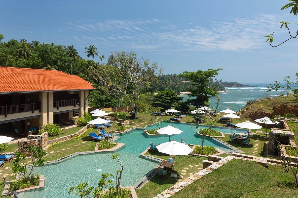 A large swimming pool surrounded by lawn chairs and umbrellas in a resort.