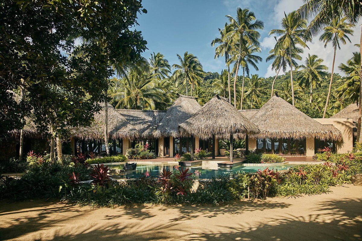 A house with thatched roofs is surrounded by palm trees and a swimming pool.