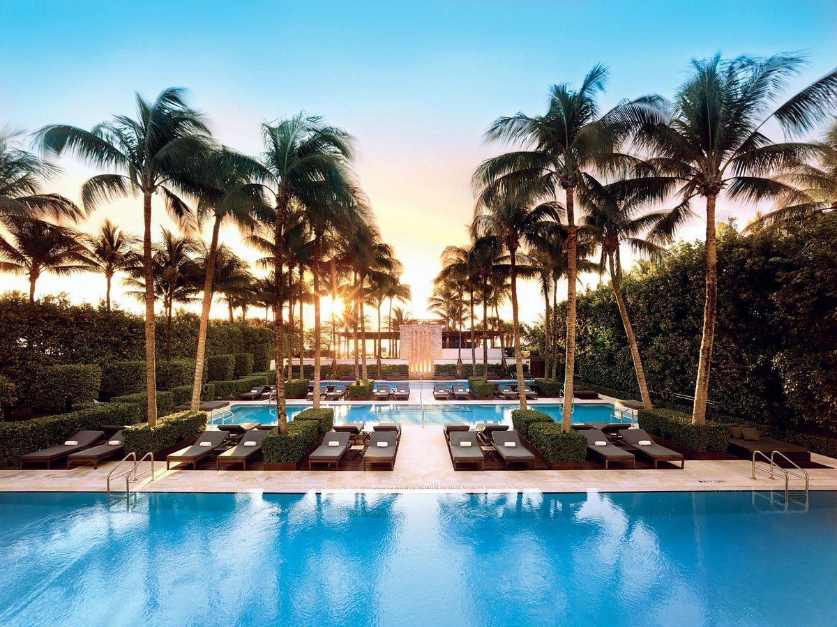 A large swimming pool surrounded by palm trees and chairs