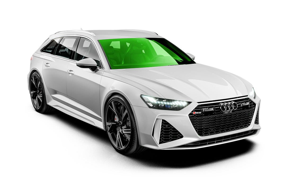 A white audi rs6 with a green windshield on a white background.