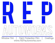 A blue and white logo for rep autoworks paint protection film and coatings