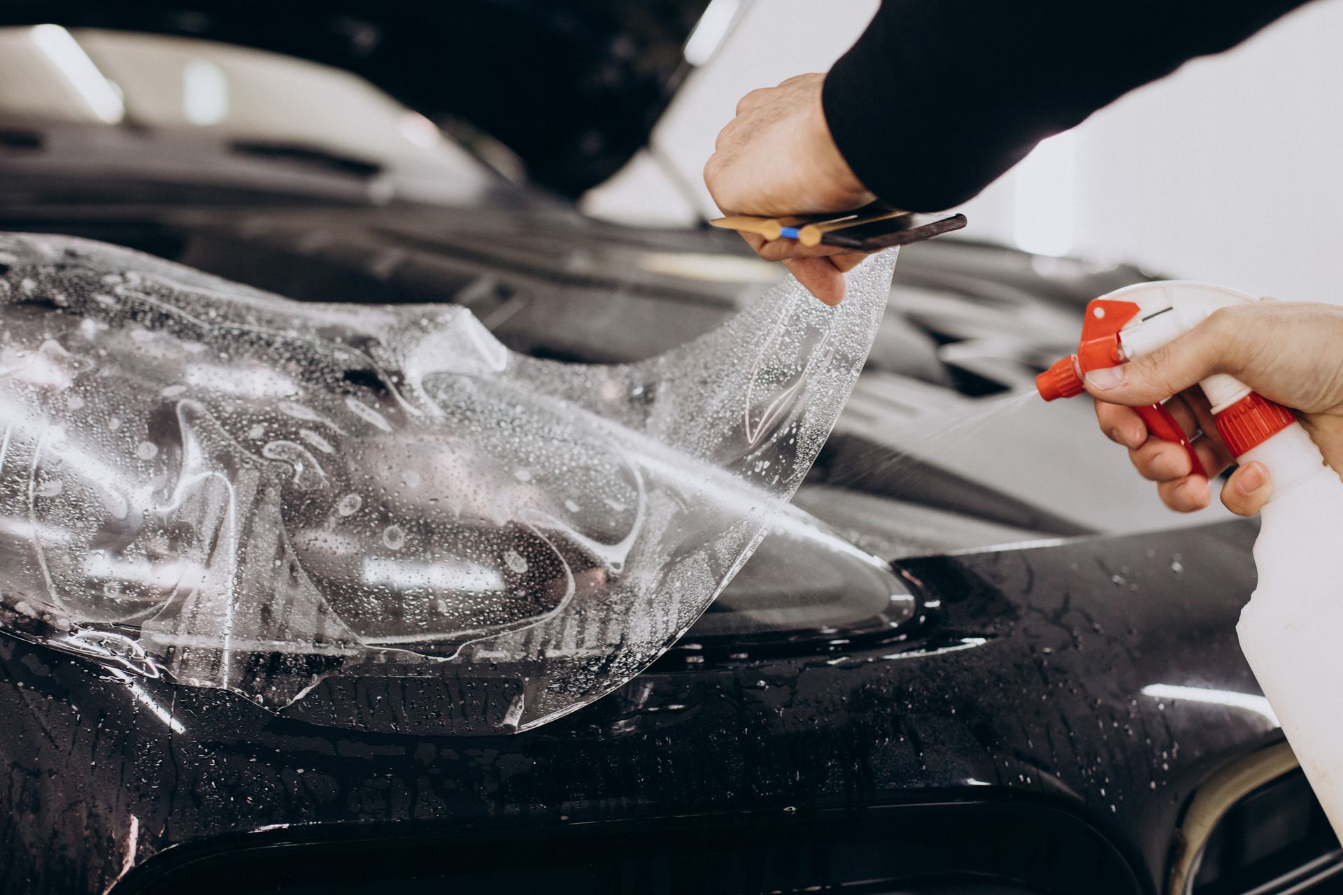 A person is applying protective film to the hood of a car.