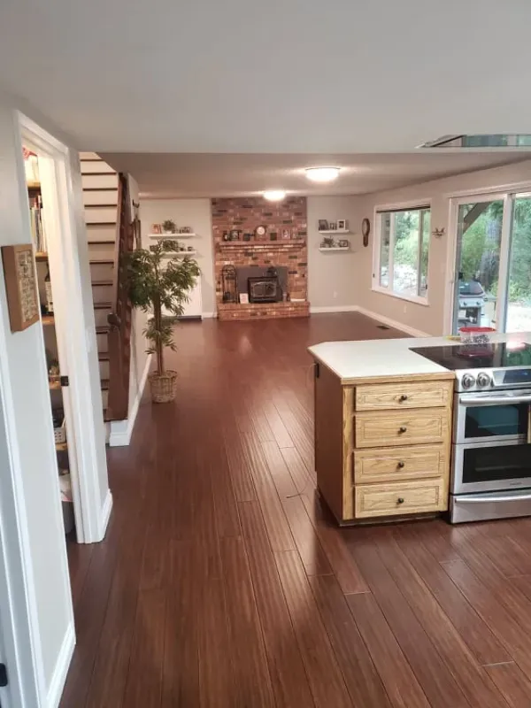 A kitchen with hardwood floors , a stove , and a fireplace.