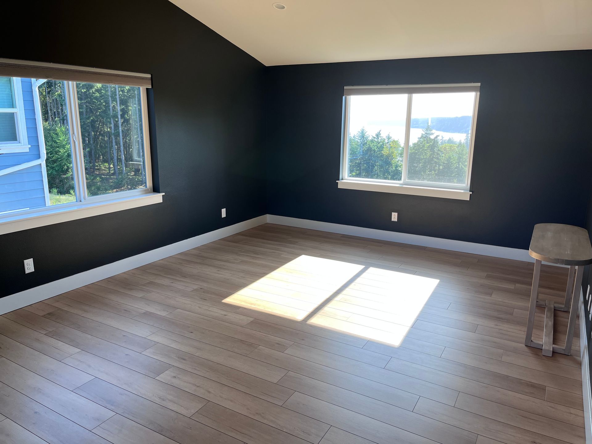 An empty room with black walls and wooden floors