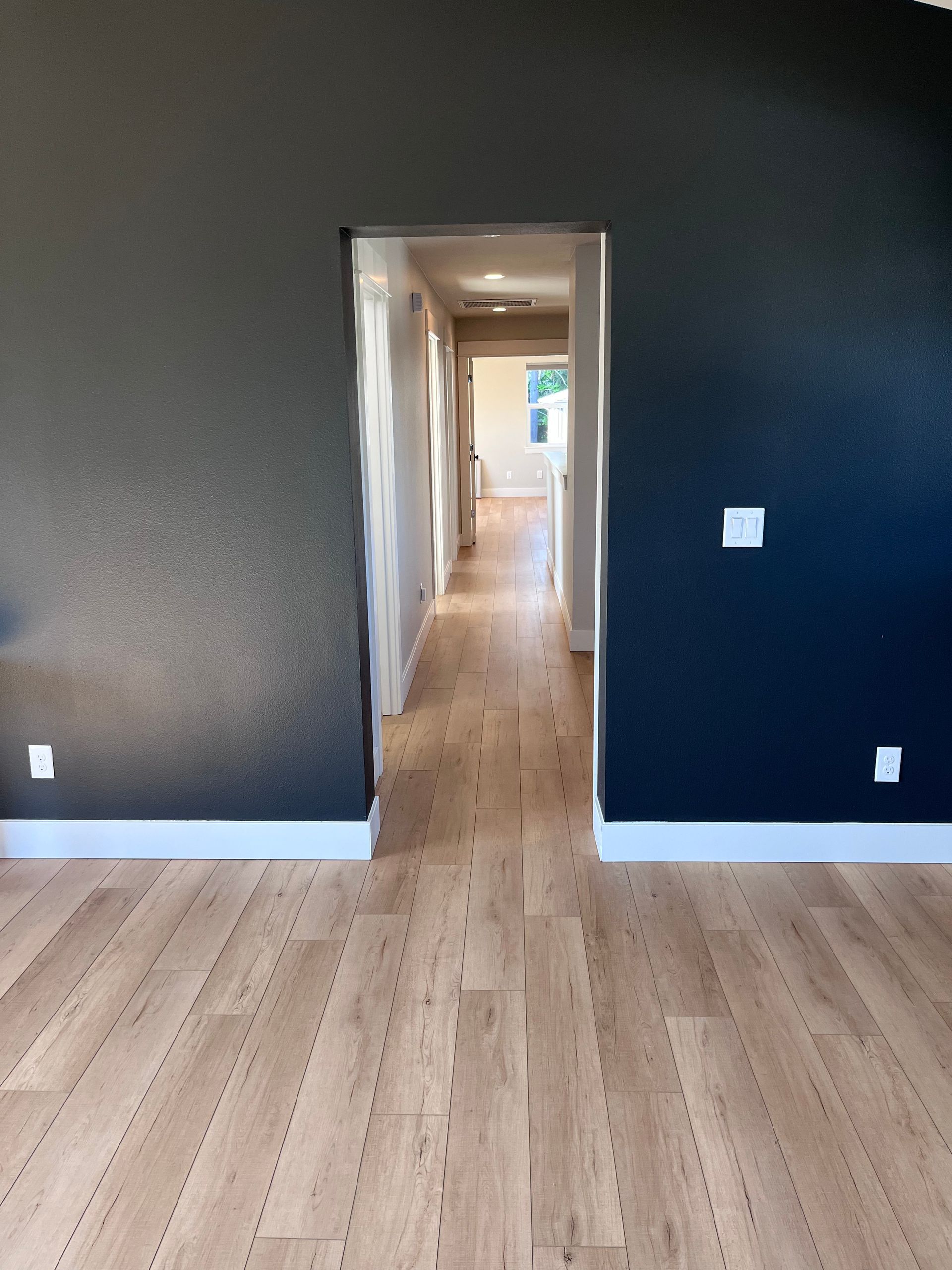 A hallway with a wooden floor and black walls