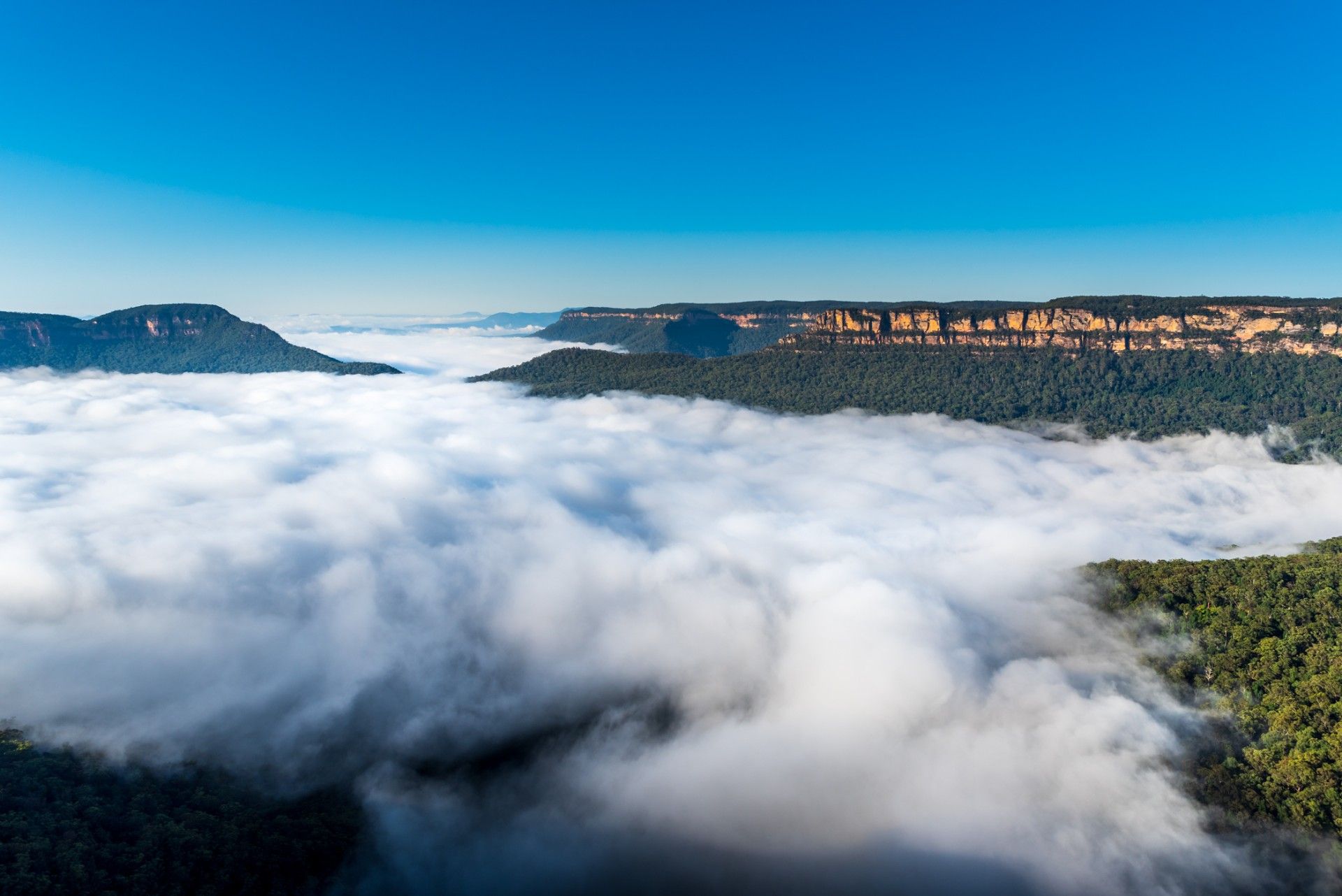 An aerial view of a mountain covered in clouds.