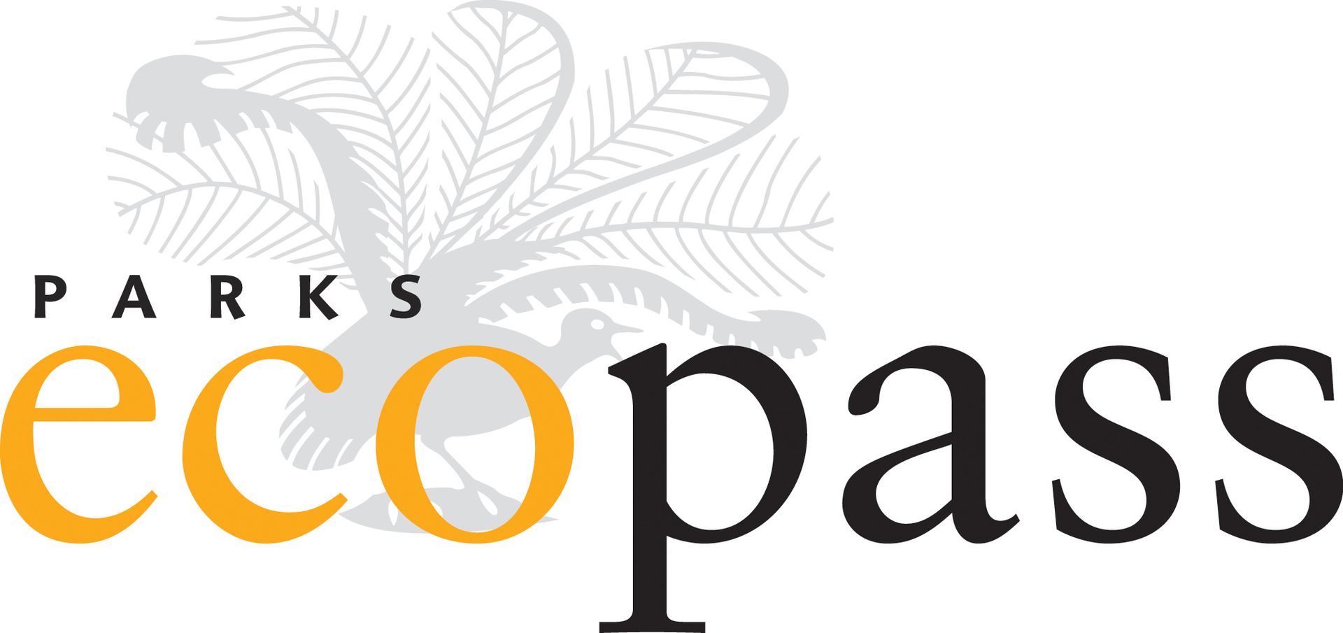 A logo for parks ecopass with a bird and leaves on a white background.