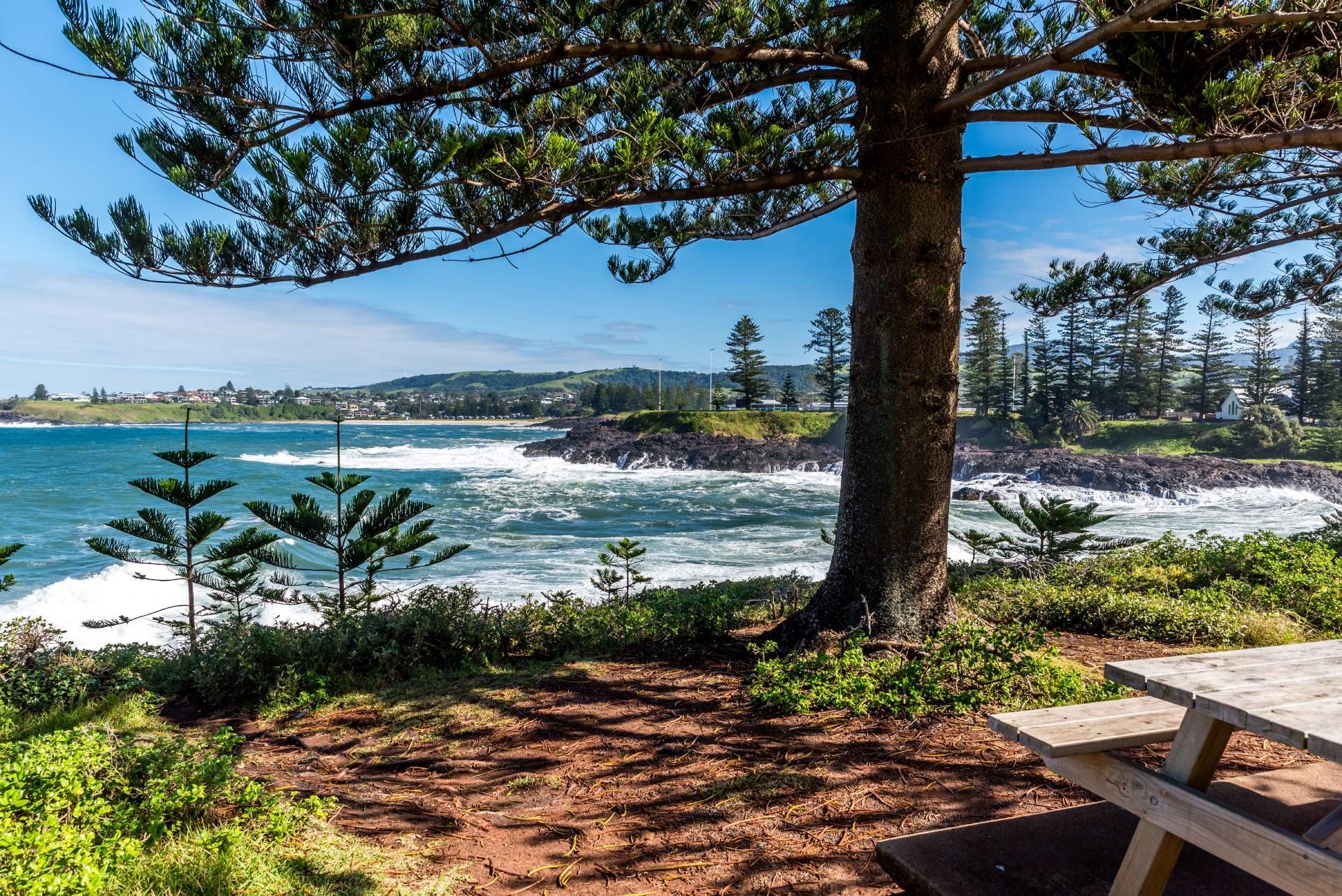 A picnic table with a view of the ocean