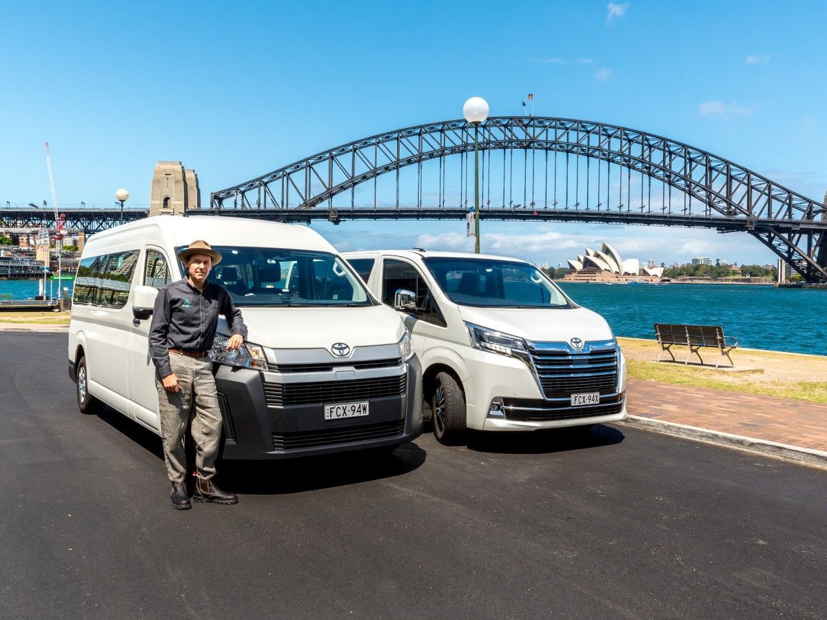 A man is standing next to a van in front of a bridge.