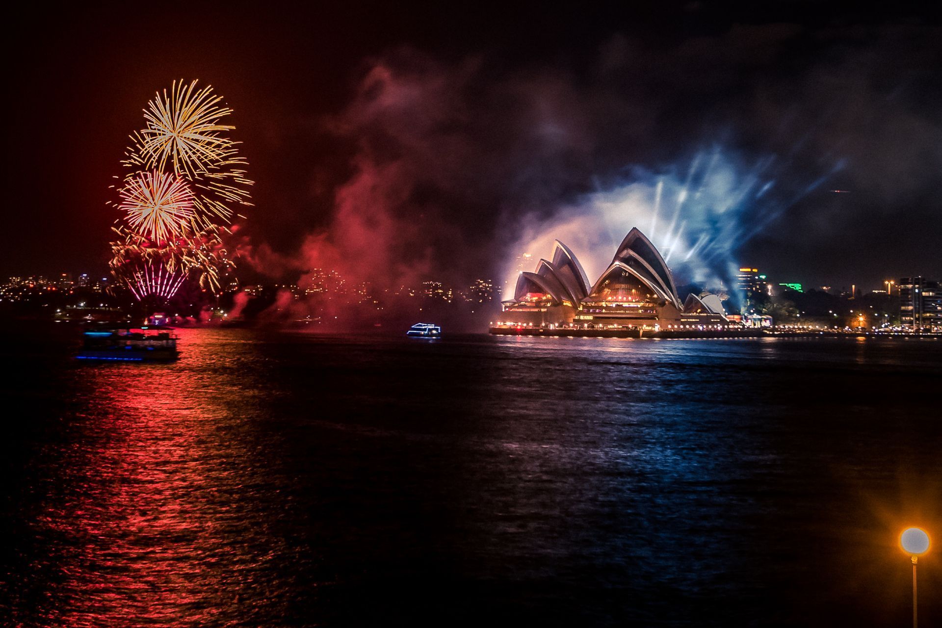 A fireworks display over the opera house in sydney