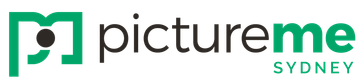 The logo for pictureme sydney is green and white.