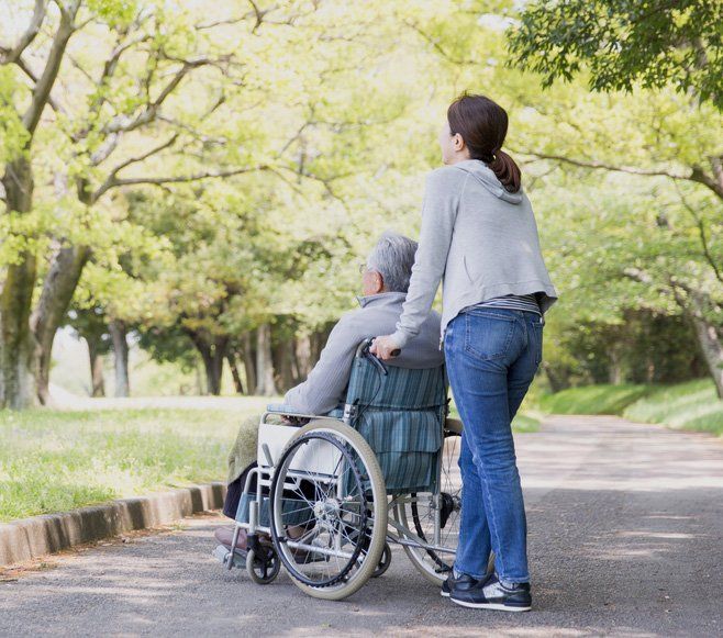 Women is Pushing A Wheel Chair in a Garden — iCan Support Services Kawana QLD
