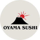 A logo for oyama sushi with a mountain and sun in a circle.