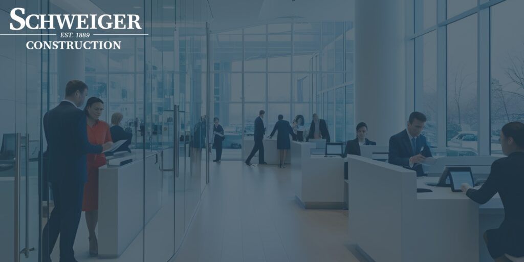 A group of people are standing in an office building.
