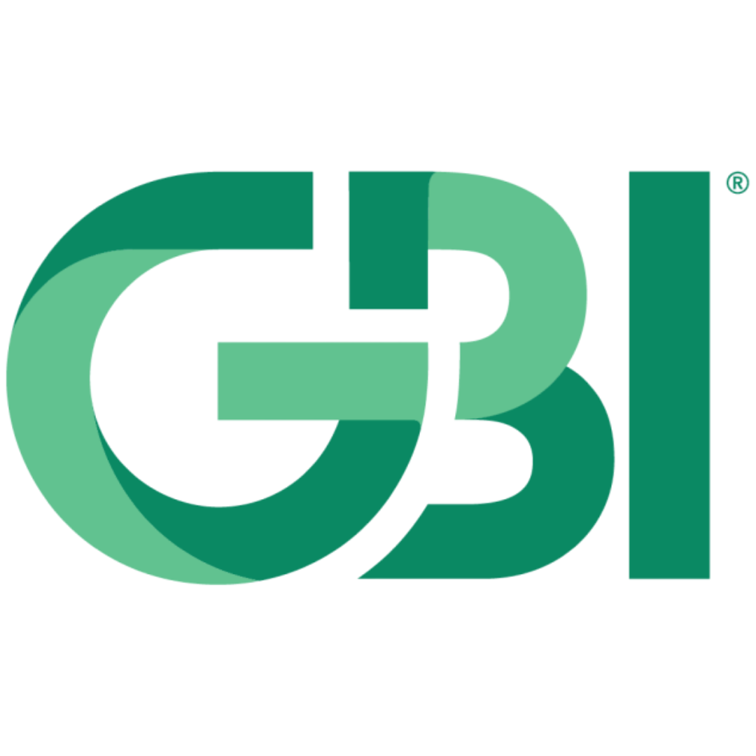 A green gbi logo on a white background