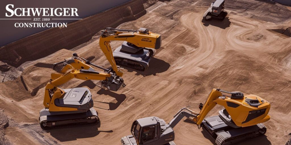 A group of construction vehicles are sitting on top of a dirt field.