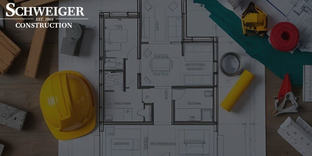 A hard hat is sitting on top of a blueprint of a house.