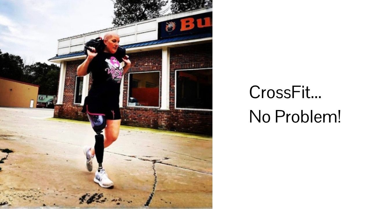 A woman with a prosthetic leg is doing CrossFit.