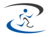 A blue and black logo of a person running.