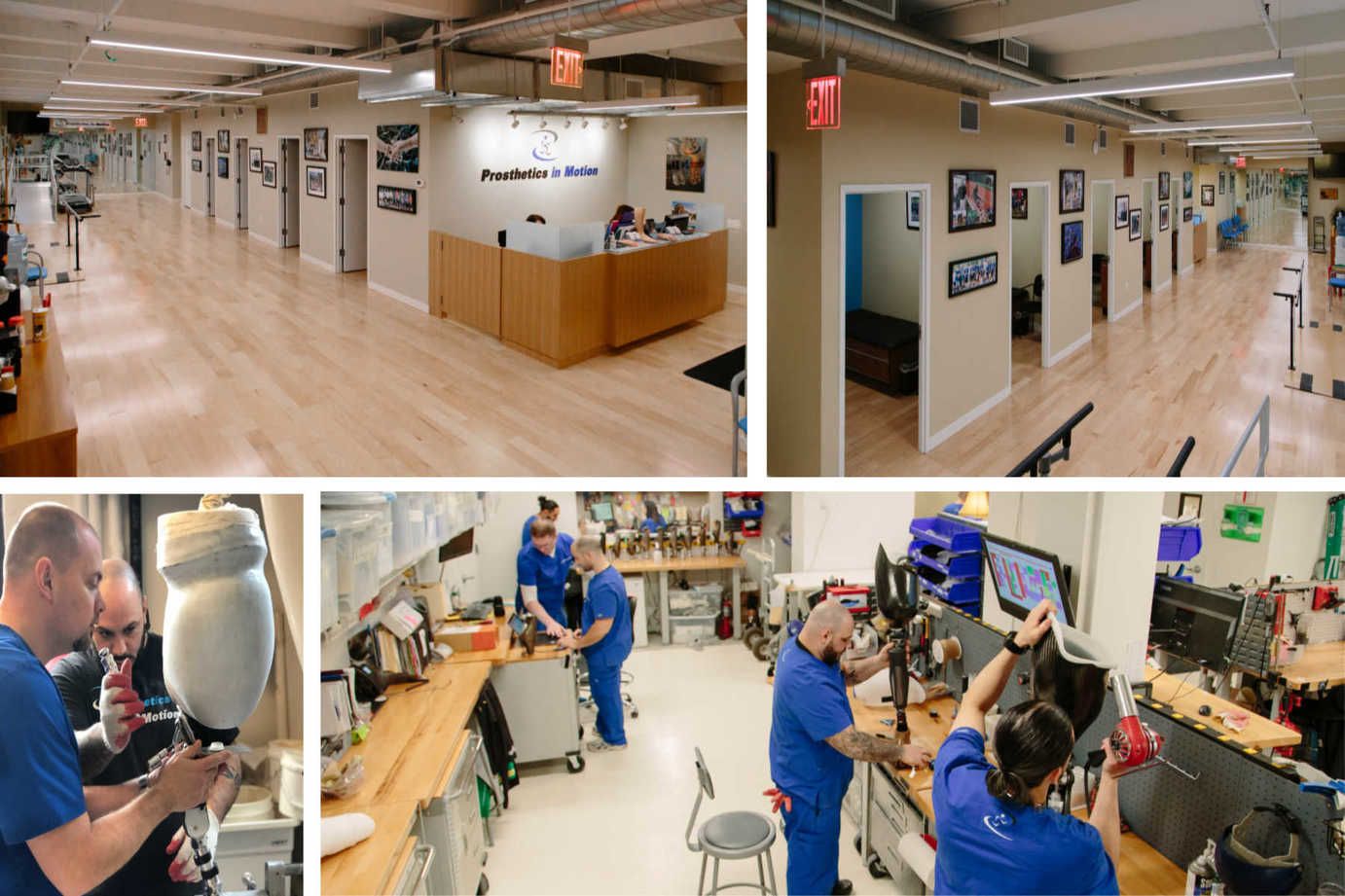 A collage of four pictures of prosthetics in motion facility.