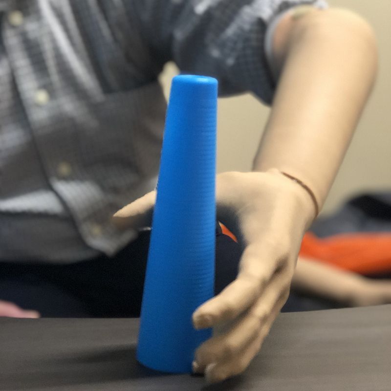 A person is holding a blue cone in their hand