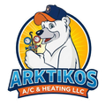 Logo for Arktikos A/C & Heating featuring a cartoon polar bear wearing a baseball cap and holding HVAC pressure gauges.