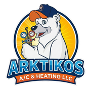 Logo for Arktikos A/C & Heating featuring a cartoon polar bear wearing a baseball cap and holding HVAC pressure gauges.