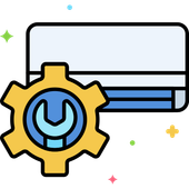 A blue and yellow air conditioner unit icon with a gear and wrench symbol, indicating maintenance or repair.