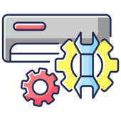 An icon of a wall-mounted air conditioner with a large yellow gear and a blue wrench overlaid on a smaller red gear.