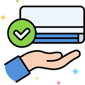 A hand holding a stylized air conditioner icon featuring a green checkmark, indicating approved or serviced status.