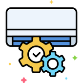 A light blue air conditioning unit sits above a yellow gear with a checkmark and a blue gear, set against a white background.