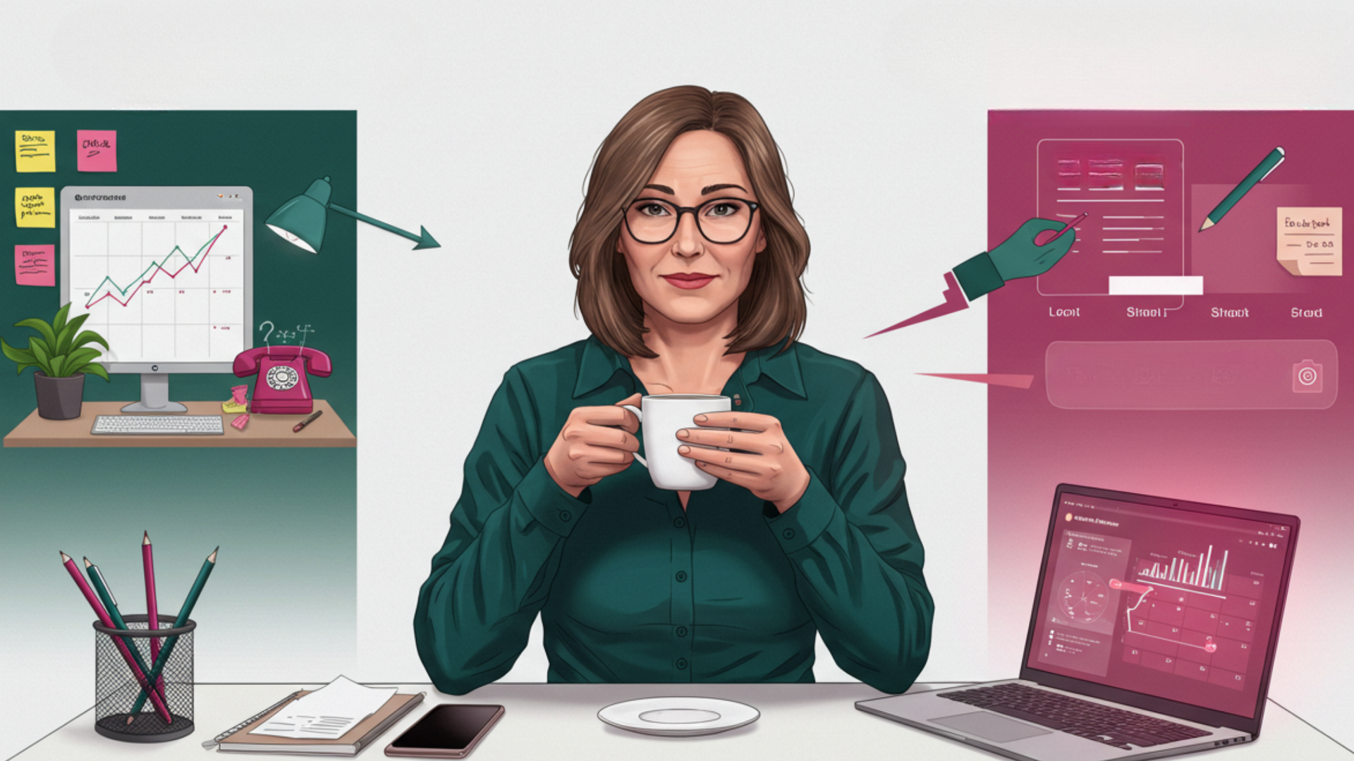 A woman is sitting at a desk holding a cup of coffee.