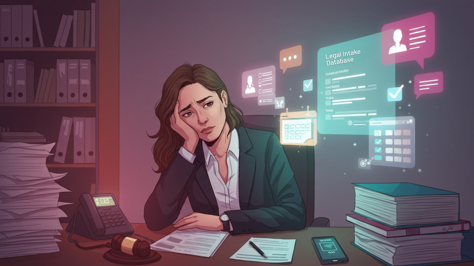 A woman is sitting at a desk with a stack of papers and a phone.