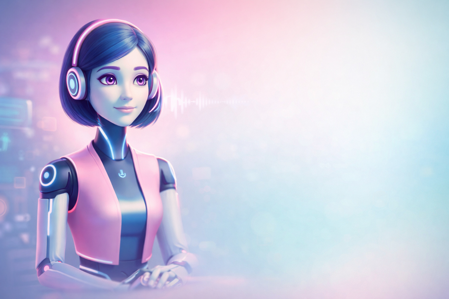 Robot woman with headphones and a pink top, against a blurred, colorful background.