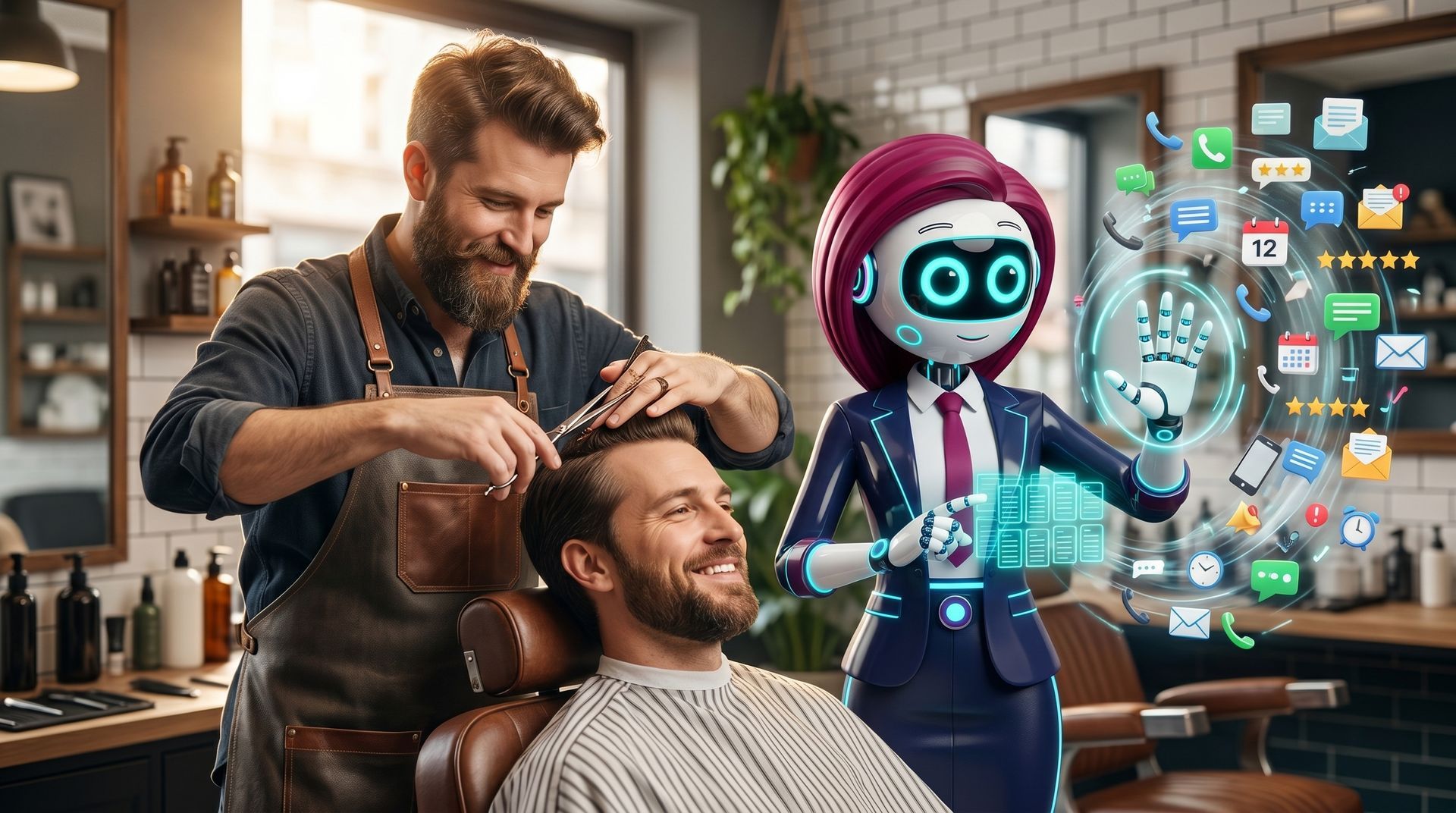 Barber trims a smiling man's beard while a glowing robot assistant displays holographic icons.