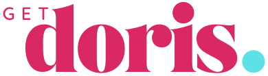 A pink and blue logo for a company called get doris.