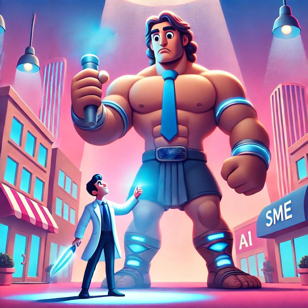 A cartoon illustration of a man standing next to a giant man holding a microphone.