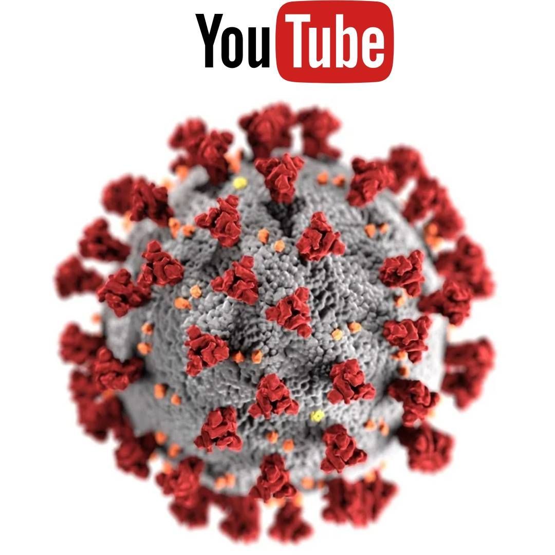 Logotipo de YouTube sobre una representación 3D del virus COVID-19, una esfera gris cubierta de picos rojos.