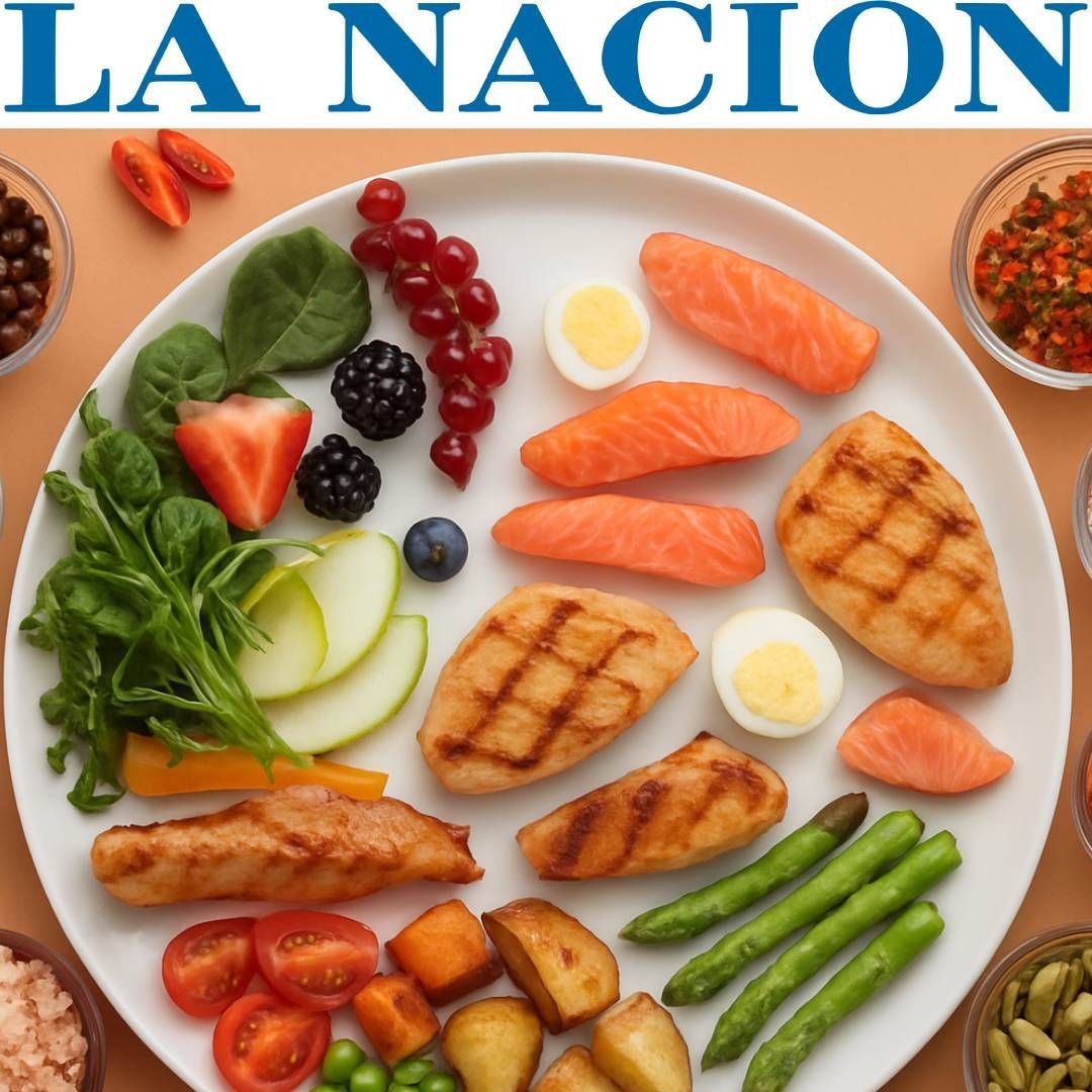 Plato de alimentos saludables: pollo a la parrilla, salmón, verduras, fruta y huevos.