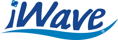 The logo for iwave is blue and white with a wave in the middle.