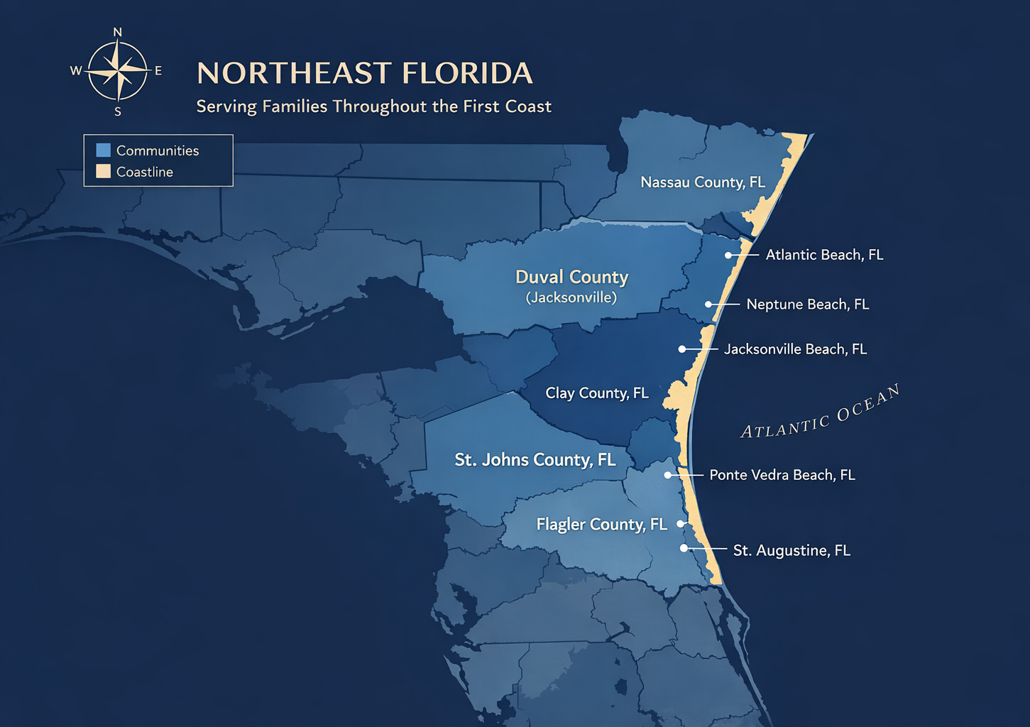 Map of Florida coast with a large blue circle indicating an area off the shore of Jacksonville.