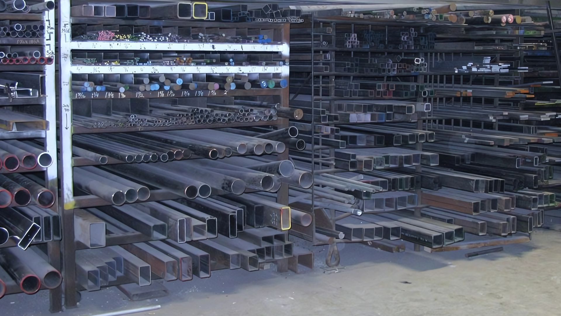A large warehouse filled with lots of metal pipes and tubes.