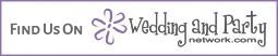 “Find us on” banner with Wedding and Party Network logo and website URL in black and purple